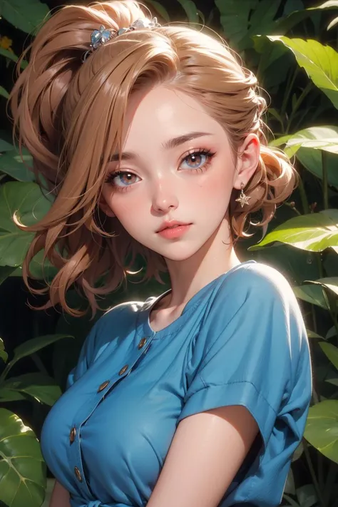perfect face, perfect anatomy, ponytail, brown_hair, big tits, 20yo, 1girl, young woman, skin imperfection, pale skin, perfect face, puffy face, beautiful face, big eyes, puffy eyes, perfect eyes, eyelashes, full body, looking at viewer ,Botanical Gardens ...