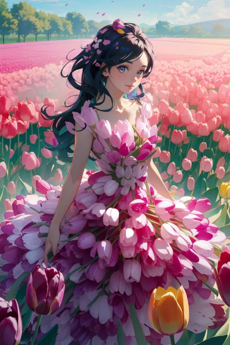 a woman in a dress is standing in a field of flowers