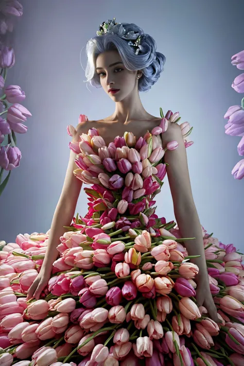 a close up of a woman in a dress made of tulips