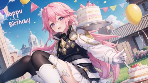 (Soleil, Fire Emblem), pink hair, pink eyes,   BREAK,
hairband, armor, white shirt, long sleeves, black vest, belt, white miniskirt, white gloves, black pantyhose, thigh boots, party hat, BREAK,
(((happy birthday))), (((birthday cake))),  happy smile, BREAK, outdoors, garden, daytime, balloon, confetti, celebration,   <lora:add_detail:0.5> <lora:soleil-nvwls-v2:1>, masterpiece, best quality, hyperrealistic, extremely detailed, highly quality, 4k, sharp focus, professional photograph, sharp focus, award winning, cinematic lighting, octane render, unreal engine, volumetrics dtx, Wallpaper,