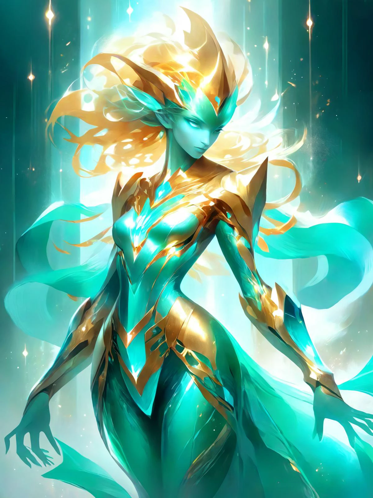 ethereal fantasy concept art of  1girl, full body shot, dynamic pose, (crystalline:1.3), gold and turquoise theme with red accents, magnificent, celestial, ethereal, painterly, epic, majestic, magical, fantasy art, cover art, dreamy, high key lighting, cinematic lighting