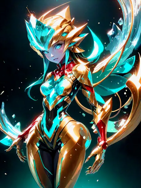 <lora:EnvyCrystallineXL01:1> 1girl, full body shot, dynamic pose, (crystalline:1.3), gold and turquoise theme with red accents, ...