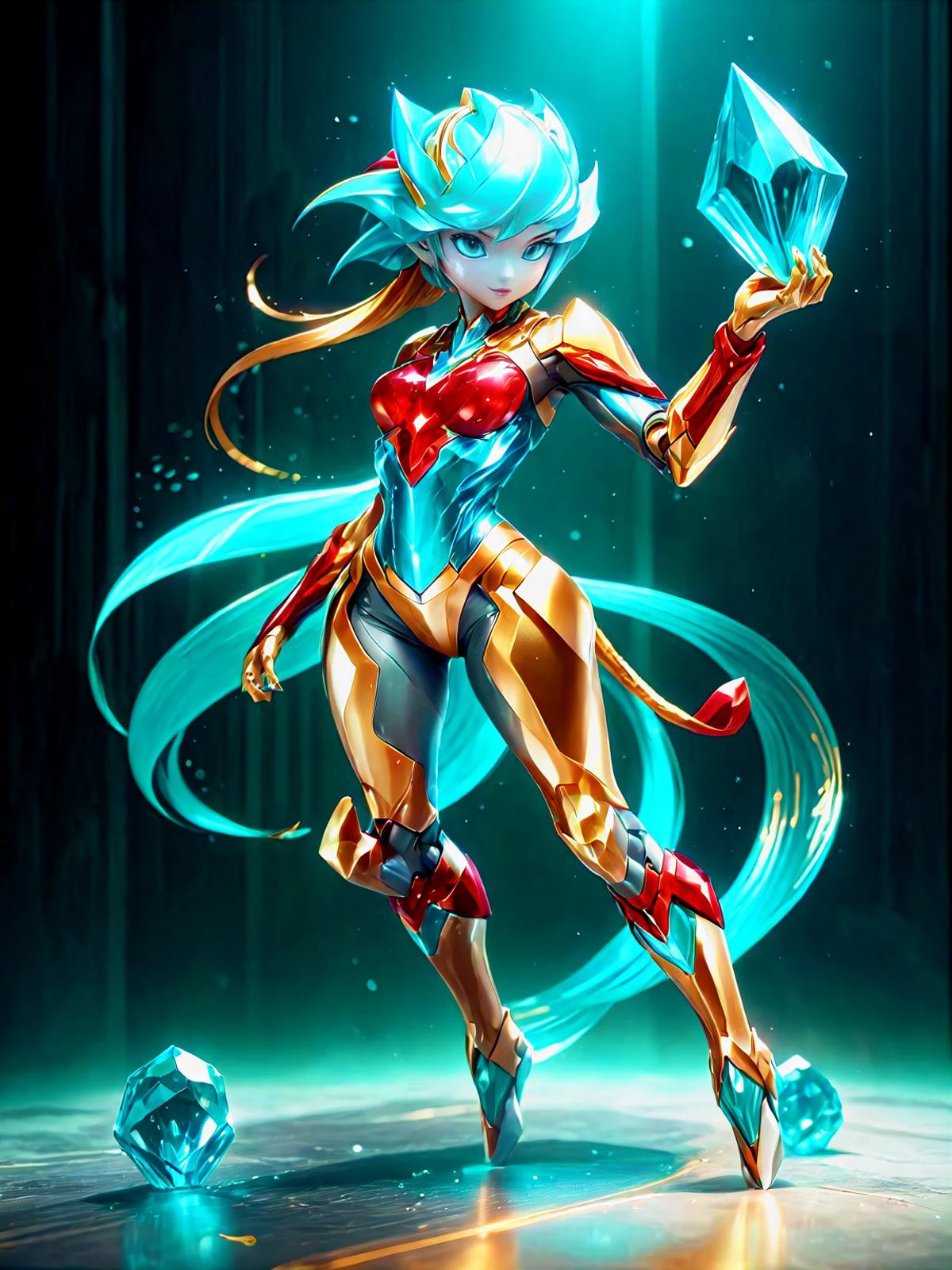 1girl, full body shot, dynamic pose, (crystalline:1.3), gold and turquoise theme with red accents, cinematic lighting