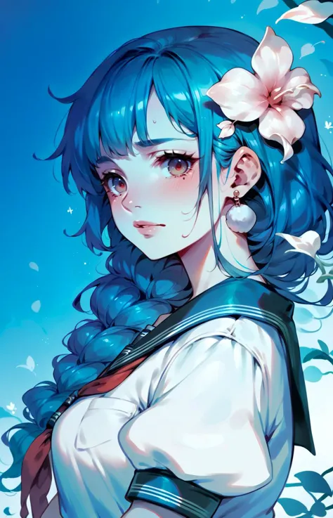 a girl with blue hair and a flower in her hair