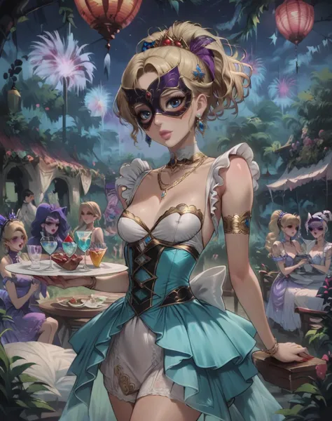 score_9, score_8_up, score_7_up, waiter girl at masquerade orgy carnival, carnival, many others, night, low light, standing, waiter, ((masquerade mask)), blonde hair, high ponytail, blue eyes, hair ornament, puffy lips, pink lips, blush, earrings, necklace, jewelry, red nails, sleeveless, small breasts, (nipples:0.6), very short dress, open shoulders, (navel:0.5),  