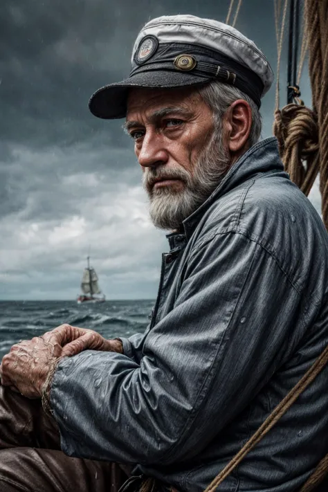 (RAW photo, 8k uhd, Analog style, Masterpiece, Best Quality, Highres:1.4), (dramatic, cinematic:1.2), BREAK,
movie shot of (80 yo:1.2) (old male:1.3) (fisherman:1.25) (sailor man:1.25) (sitting:1.1) (on deck:1.35) of (old dilapidated:1.2) (wooden sailboat:1.3), against railing, (from side:1.2), (stern face:1.2), (deep wrinkles:1.2), (gray long beard:1.3), (grey eyes:1.2), ((shabby:1.2) old (torn:1.15) (raincoat:1.1), brown (pants:1.1), (sailor hat:1.1) (sou'wester:1.2), jackboots:1.1), (lowered head:1.2), (tired sad expression:1.15), BREAK,
(stormy sea, gloomy dark clouds:1.2) on background, (splashes, water drops, rain:1.25), (seafoam:1.1), (flying white seagulls:1.25), (rocks, cliffs:1.3), (dark haze:1.2), (wet clothes:1.1), fishing (nets with fish:1.3) on deck, (ropes:1.1), (tense hopeless eerie atmosphere, cold, floes:1.2), BREAK,
(photorealistic:1.3), (rough details, (male focus:1.1):1.2), (desaturated, cold lighting:1.3), (hyperdetailed, absurdres:1.2), BREAK,
<lora:more_details:0.9>,
<lora:zoom_slider_v1:4.66>,