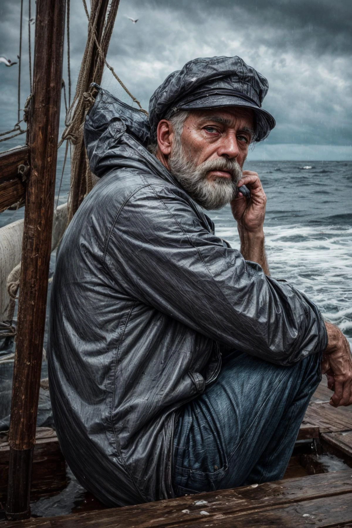 (RAW photo, 8k uhd, Analog style, Masterpiece, Best Quality, Highres:1.4), (dramatic, cinematic:1.2), BREAK,
movie shot of (80 yo:1.2) (old male:1.3) (fisherman:1.25) (sailor man:1.25) (sitting:1.1) (on deck:1.35) of (old dilapidated:1.2) (wooden sailboat:1.3), against railing, (from side:1.2), (stern face:1.2), (deep wrinkles:1.2), (gray long beard:1.3), (grey eyes:1.2), ((shabby:1.2) old (torn:1.15) (raincoat:1.1), brown (pants:1.1), (sailor hat:1.1) (sou'wester:1.2), jackboots:1.1), (lowered head:1.2), (tired sad expression:1.15), BREAK,
(stormy sea, gloomy dark clouds:1.2) on background, (splashes, water drops, rain:1.25), (seafoam:1.1), (flying white seagulls:1.25), (rocks, cliffs:1.3), (dark haze:1.2), (wet clothes:1.1), fishing (nets with fish:1.3) on deck, (ropes:1.1), (tense hopeless eerie atmosphere, cold, floes:1.2), BREAK,
(photorealistic:1.3), (rough details, (male focus:1.1):1.2), (desaturated, cold lighting:1.3), (hyperdetailed, absurdres:1.2), BREAK,
