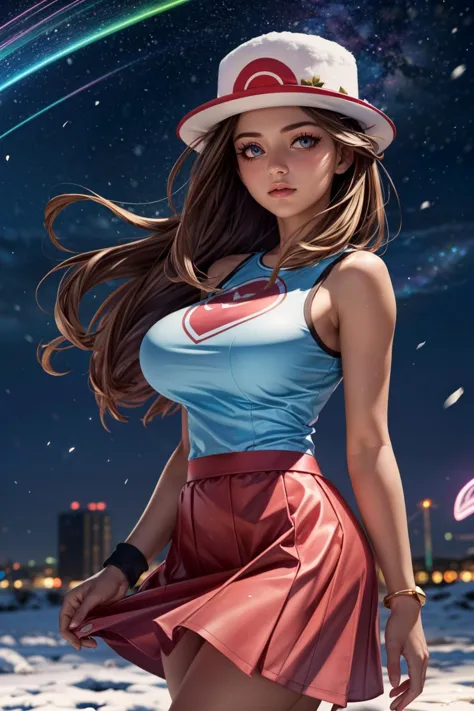 (ultra realistic,32k, masterpiece:1.2),(high detailed skin:1.1),( high quality:1.1), <lora:IllyasvielVonEinzbern_v1:0.7>, zzIllya, looking at viewer, night, outdoors, snowing, sky, BREAK,   <lora:LeafPokemon_SD:0.8>,   zzleaf, brown eyes,  brown hair, long hair,  hat, long hair, blue shirt, sleeveless, wristband, red skirt, blue socks, white footwear  BREAK,  blooming stars, luminescent petals, otherworldly fragrance blurry background, (looking at viewer, standing:1.1), huge breast, large breast, <lora:add_detail:0.92>, (glowwave:1.1),