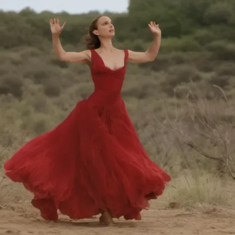 a woman in a red dress is dancing in the desert