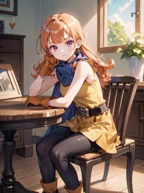 1girl,solo,dq4-alena,long hair,red-purple eyes,orange hair,sleeveless,black pantyhose,yellow dress,yellow skirt,belt,cape,curly hair,gloves,small breasts, boots,shiny,<lora:dq4-alena:1>,room,sit on a chair,table,pensive, (masterpiece), (best quality), (ult...