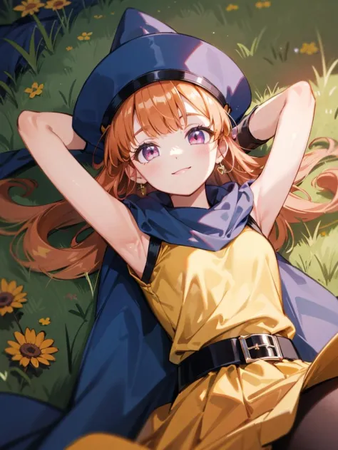 1girl,solo,dq4-alena,long hair,orange hair,Red-purple eyes,sleeveless,black pantyhose,yellow dress,yellow skirt,belt,cape,curly hair,gloves,small breasts,blue headwear, boots,shiny,<lora:dq4-alena:1>,Lying down,meadow,arms behind head,smile,upper Body, (ma...