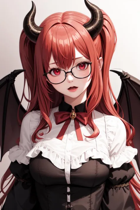 (masterpiece, best quality), Realistic , Photorealistic, demon wings, wings, 1loli, glasses, demon girl, horns, crescent hair or...