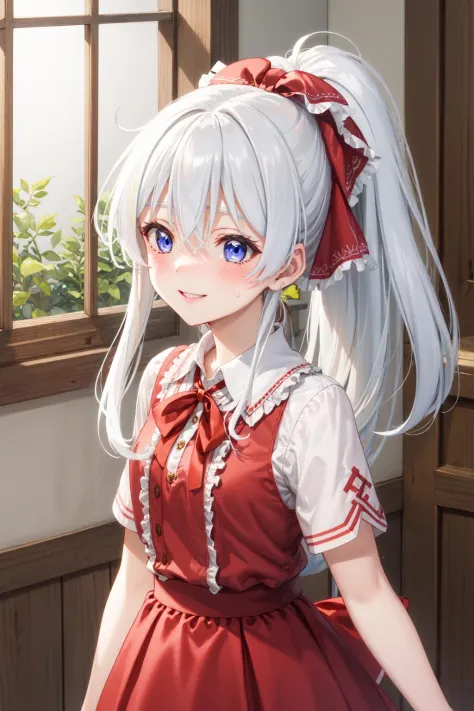 masterpiece, best quality, smile, 1girl, waving, ph elaina, Eoutfit1, elaina (majo no tabitabi), long hair, bangs, shiny, hair between eyes, sweatdrop, blue eyes, ribbon, ponytail, red ribbon, collared shirt, hair ribbon, red shirt, short sleeves, parted lips, red dress, frills, white hair, hair bow, red bow, wing collar, white shirt, blush, sweat, alternate hairstyle, crossed bangs, <lora:elaina-ph_64:1>