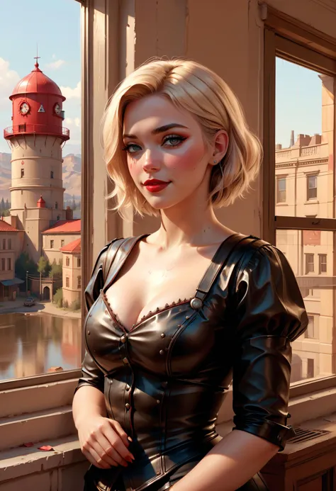 blond woman in latex dress standing near window with castle in background