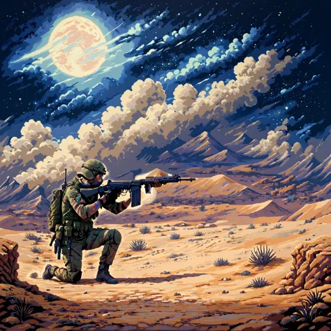 a painting of a soldier with a gun in the desert