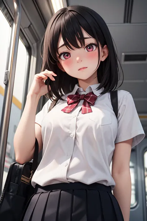 a close up of a person standing on a train with a bag