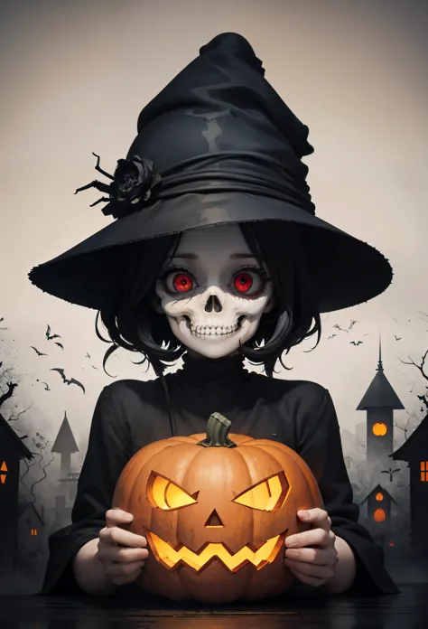 (masterpiece, best quality), 1girl, solo, black haiar, red  eyes, helloween themed background,  <lora:Ink scenery:0.8> scenery, ink, in the background( a old spooky house, pumpkin, skeletons, cobweeb, spider)