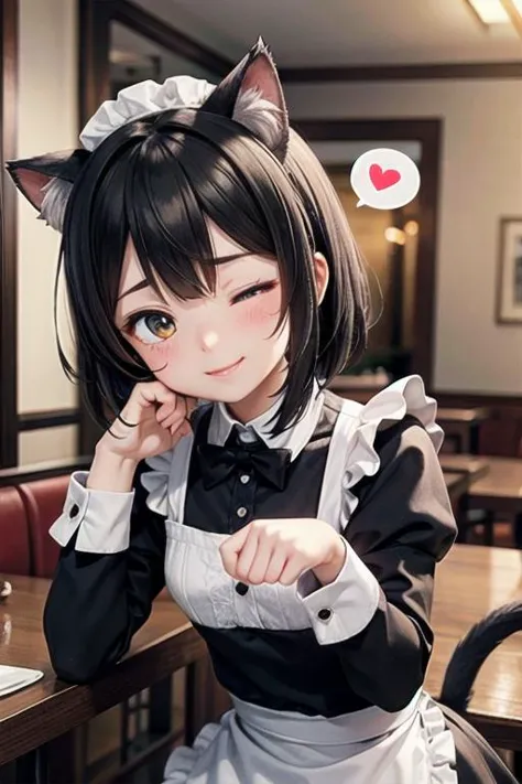 a close up of a person sitting at a table with a cat ears on