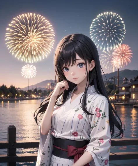1girl, long hair, hand through hair, summer night, harbour, yukata, fireworks in sky, fireworks, upper body, joy, misty lake, ci...