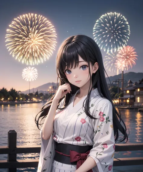 1 Mädchen, lange Haare, mit der Hand durchs Haar, Sommernacht, Hafen, Yukata, Feuerwerk in sky, Feuerwerk, Oberkörper, Freude, nebliger See, Stadt Horizont, unscharfer Hintergrund, Neigungsverschiebung, Mattes Malen, optisch atemberaubend