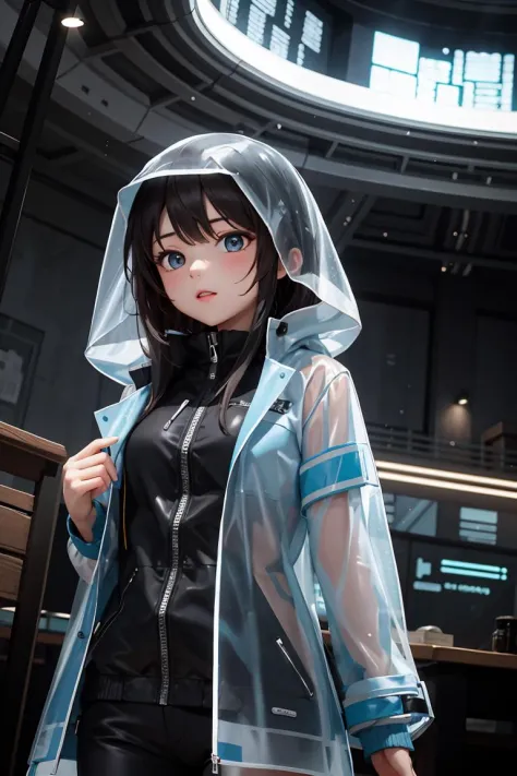 (masterpiece), best quality, high resolution, highly detailed, detailed background, perfect lighting, sci-fi, 1girl, transparent raincoat