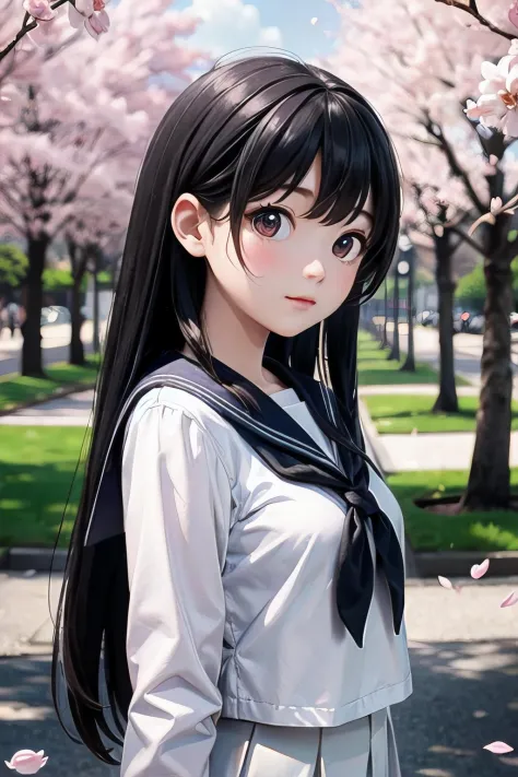 <lyco:EnvyBetterHands:1.0>, <lora:add_detail:0.3>, (masterpiece), best quality, detailed background, cinematic lighting, park, cherry blossoms, 1girl, cute, long hair, black hair, sailor uniform