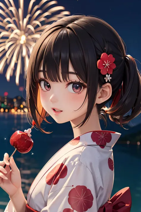 masterpiece, best quality, ultra detailed, highres, extremely detailed CG unity 8k wallpaper, perfect lighting,  very detailed background, beautiful and aesthetic,sharp focus, perfect face, dynamic pose, dynamic angle,
1girl, upper body, (portrait:1.1), medium hair, black hair, multicolored yukata, kanzashi, looking at viewer,  full-face blush, from side, from below, :o, smile,
night, dark sky, misty lake, mountainous horizon, aerial fireworks,  (Full of sky fireworks:1.1),  (holding candy apple:1.2)