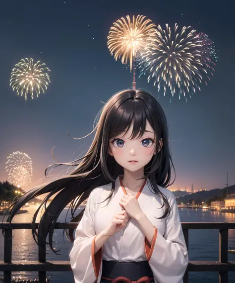 1girl, long hair, hand through hair, summer night, harbour, yukata, fireworks in sky, fireworks, upper body, joy, misty lake, ci...