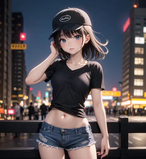 (masterpiece), 1girl, hand through hair,undersized black t shirt, navel, hotpants, public, backstreet, night, cap, blurred backg...