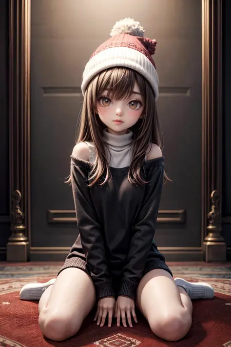 (masterpiece), best quality, high resolution, highly detailed, detailed background, perfect lighting, 1girl, pale skin, wearing beanie, magical, carpet, golden ratio, wariza, <lora:more_details:1>,