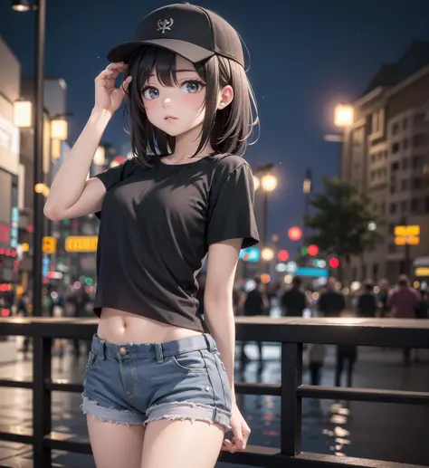 (masterpiece), 1girl, hand through hair,undersized black t shirt, navel, hotpants, public, backstreet, night, cap, blurred background, tilt shift, matte painting, visually stunning, bokeh