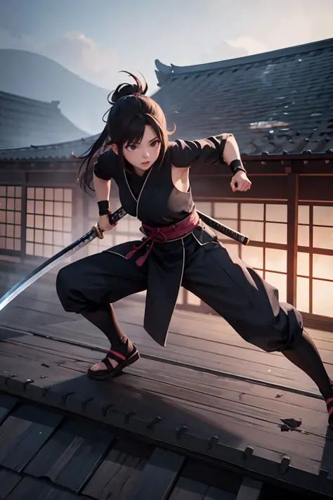 (masterpiece), best quality, high resolution, highly detailed, detailed background, perfect lighting, 1girl, ninja, katana, temp...