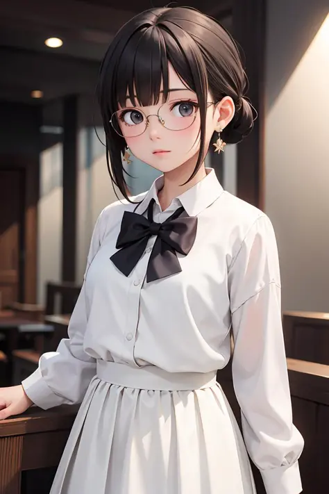 (masterpiece), best quality, high resolution, highly detailed, detailed background, perfect lighting, 1girl, eyeglass, white skirt, hair tied back, straight bangs, earrings,