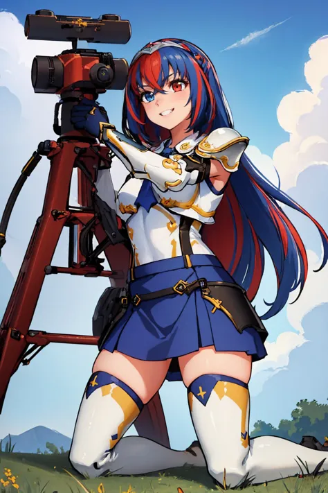 (masterpiece, best quality:1.2), solo, 1girl, aleardef, grin, kneeling, towlauncher, tripod, scope, heterochromia, armor, blue s...