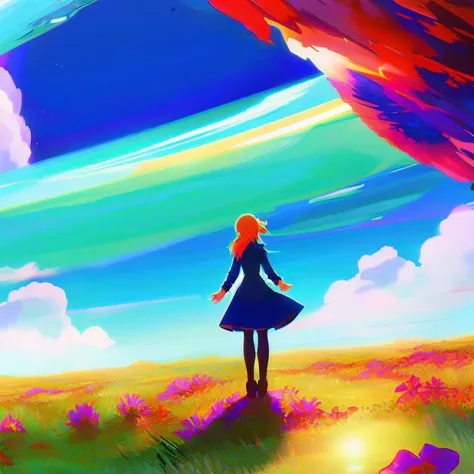 a woman standing in a field looking at a colorful sky