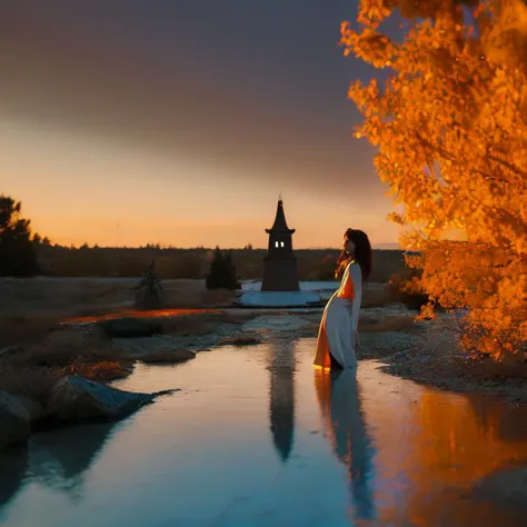 arafed woman standing in front of a body of water with a church in the background