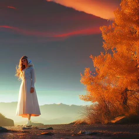 arafed image of a woman in a white dress standing on a hill