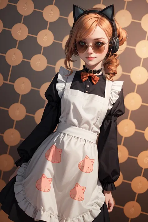 (best quality), super fine concept art, 1girl, solo, petite, dutch angle, twisted updo, smile, IncrsHeadphones, maid, bow, long sleeves, black sleeves, frill apron, choker, sunglasses, black and orange tone, (cat patterns background:1.3), 