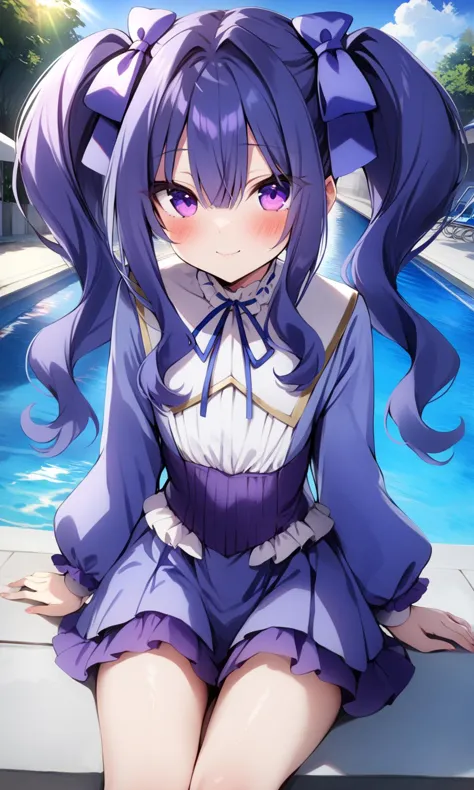 1girl, meltyqmelromarc, solo, twintails, 1girl, smile, long hair, bow, blush, purple eyes, hair bow, 
looking at viewer, light smile, sitting, 
outdoors, sun, poolside, 
masterpiece, best quality, very aesthetic, by kedama_milk, 
<lora:MeltyQMelromarc_XL:1>