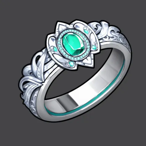 Game prop design, ring, still life, still life, no humans, black background, simple background, emerald, silver metallic pattern <lora:Game rings:1>