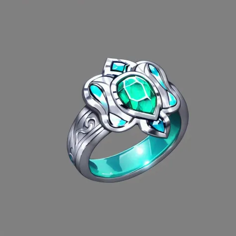 Game item design, ring, silver jewelry, complex metal design, still life, gray background, no man, emerald, simple background <lora:Game rings:1>