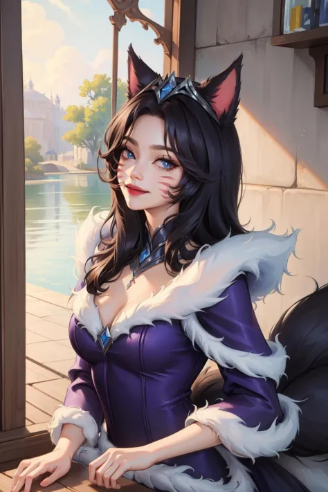 (masterpiece, best quality:1.2), intricate details, <lyco:GoodHands-beta2:1>, <lora:midnight_ahri_lol-000011:1>, midnight ahri, 1girl, dress, fur trim, animal ears, cleavage, whisker markings, long hair, multiple tails, closed mouth, light smile
