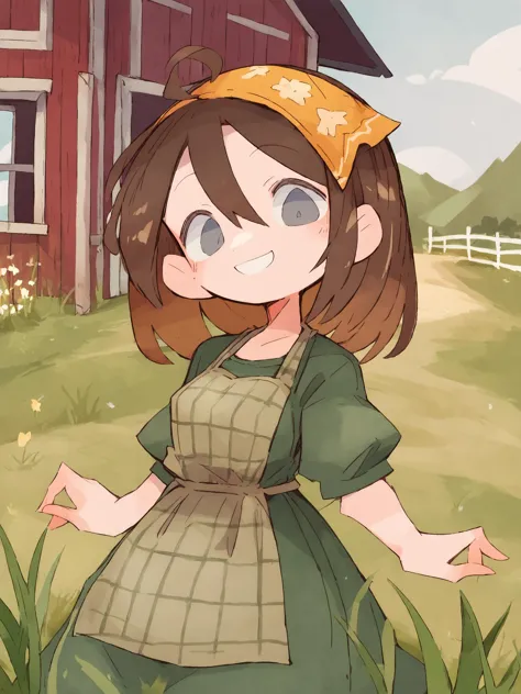 a cartoon girl in a green dress standing in front of a barn