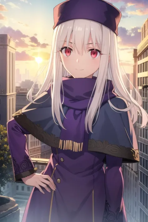 illyasvielvoneinzbern, <lora:illyasviel von einzbern ubw-lora-nochekaiser:1>,
illyasviel von einzbern, long hair, (red eyes:1.5), white hair, smile,
BREAK hat, boots, scarf, coat, capelet, white scarf, purple headwear, fur hat, papakha,
BREAK outdoors, sky, clouds, sun, city,
BREAK looking at viewer, (cowboy shot:1.5),
BREAK <lyco:GoodHands-beta2:1>, (masterpiece:1.2), best quality, high resolution, unity 8k wallpaper, (illustration:0.8), (beautiful detailed eyes:1.6), extremely detailed face, perfect lighting, extremely detailed CG, (perfect hands, perfect anatomy),