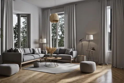 interior, a living room with a couch, chair, table and windows with curtains on them and a chandelier hanging from the ceiling, Enguerrand Quarton, vray render, a digital rendering, photorealism
interior, flower, indoors, tree, no humans, window, chair, table, plant, curtains, scenery, couch, wooden floor, vase
Step into the realms of an 8k masterpiece wallpaper, a nexus of ultra-detail, high resolution, and impeccable shadow play. Rendered in digital illustration, it bears a semblance to the works of Yoko Honda. Set against the backdrop of a Nayuta Nordic Modern Interior Design room, the scene features a chair, a vase flaunting a white flower, a table, swaying curtains, a luxurious couch, a lamp placed near a window, a cup, a spread-out book, and a vibrant plant. The color temperature bathes the room in golden hues, adding to its charm. In the absence of humans, the setting resonates with profound stillness. Ray tracing, photon mapping, and radiosity merge seamlessly with professional lighting to create an ethereal atmosphere  <lora:interior01_SDLife_Chiasedamme_v1.0:0.8>