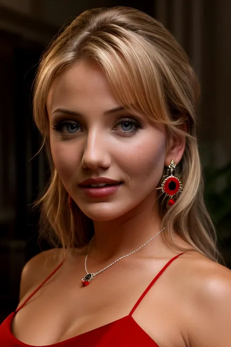 a close up of a woman in a red dress posing for a picture