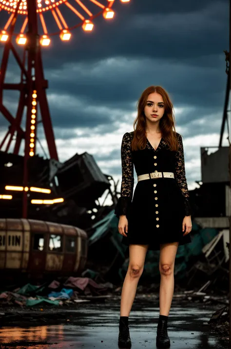 tv_Siobhan_MXAI, waring a goth dress, goth makeup, black lips, standing  in an abandoned amusement park at night, (dilapidated s...