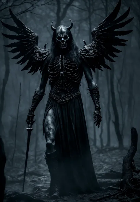 analog, raw, amateur photograph, majestic intricately detailed glamor photograph, night time, ((skeletal)), emaciated, dark twisted haunted corrupted woods, a horrid spectral male lich, ((body shot)), evil detailed face, dangling chains, lich king, intricately detailed tattered robes of office, black feathered wings, crown of thorns, tombstones littered amongst the gnarled leafless trees, jet black bastard sword wreathed in blue spectral flame, glowing eyes, dark swirling smoke like malevolent energies, ((low hanging volumetric mist)),, dynamic angle, professional, soft lighting, smooth, roughness, real life, cinematic film still from (evil dead:0.4)|(cannibal holocaust:0.1)|game of thrones:0.3)|(vikings:0.3)|Scary Stories To Tell In the Dark|doom|the void, dark fantasy style,