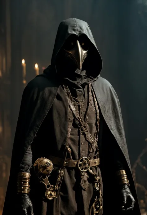 a close up of a person in a black cloak and a hood