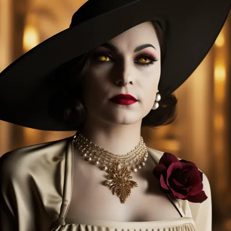 Best_QualityPos, RAW photo, intricate details, best quality, 8k uhd, soft lighting, 1girl, solo, alcina dimitrescu, hat, black hat, short hair, black hair, yellow eyes, colored skin, grey skin, dress, white dress, collarbone, rose, black flower, black rose, jewelry, earrings, necklace,  lipstick, makeup 